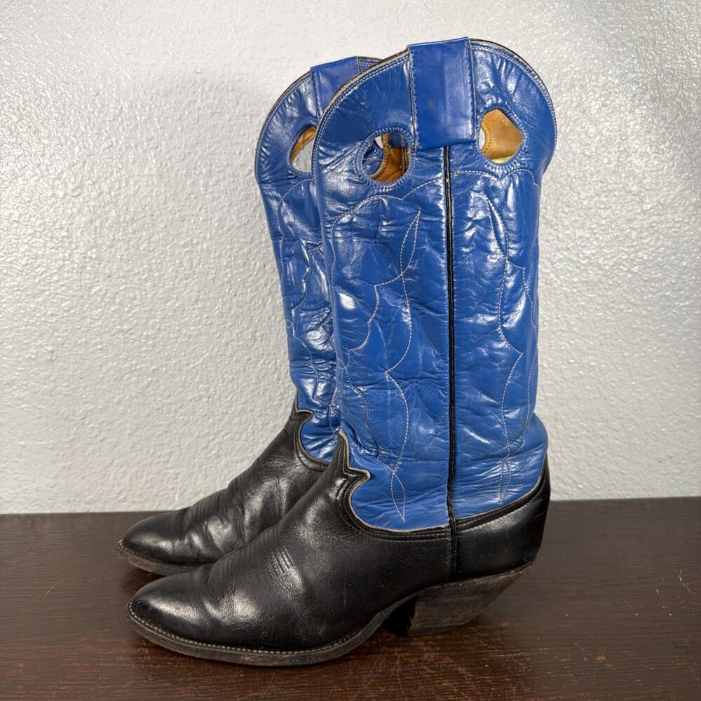 VTG Tony Lama Black Label Blue Black Leather Cowboy Cowgirl Boots Size US 8